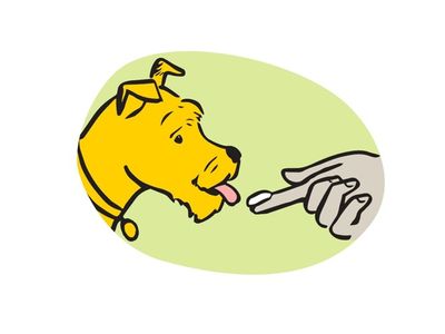 Illustration of dog licking toothpaste off owners finger.