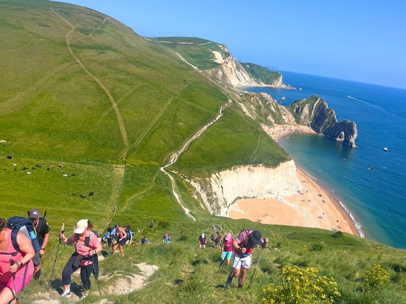 a line of people with hiking sticks walking up a hill along the coast. rolling green hills are seen in the background and a blue sky and blue ocean in the distance
