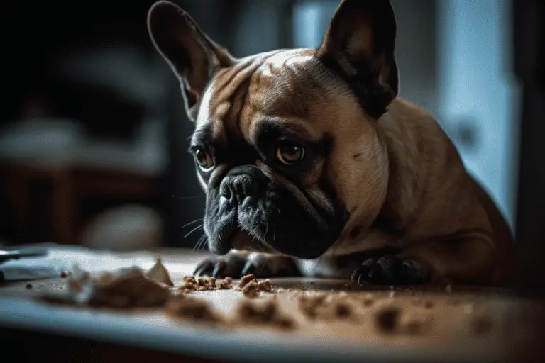 an artistic photo of a french bulldog dog eating table scrabs, image made MidJourney AI