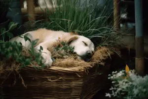 an artistic photo of a dog sleeping in a stack of moses-in-a-craddle plants. image generated with MidJourney AI
