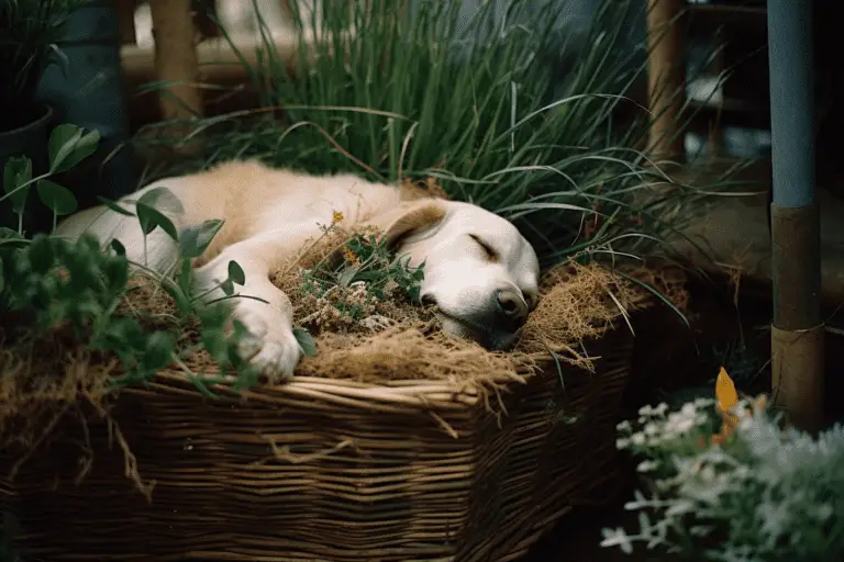 an artistic photo of a dog sleeping in a stack of moses-in-a-craddle plants. image generated with MidJourney AI