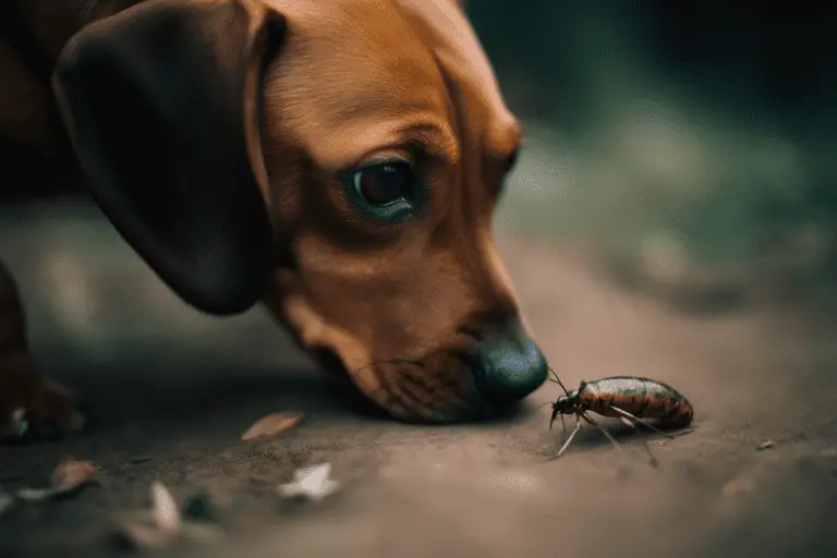 an artistic photo of a young dog sniffing to a cockroach. Image created with MidJourney AI