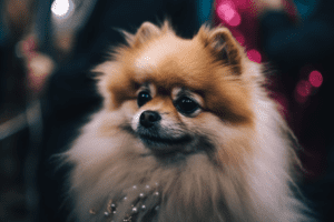 an artistic photo of King the pomeranian dog with shiny fur at a fashion show. Image created with MidJourney AI