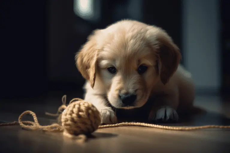 Small and cute puppy playing with a toy made from string. Strings can be deadly to dogs. Image generated with MidJourney AI