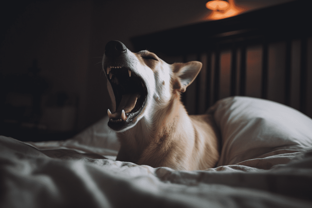 Dog yawning in bed. Image created with MidJourney AI